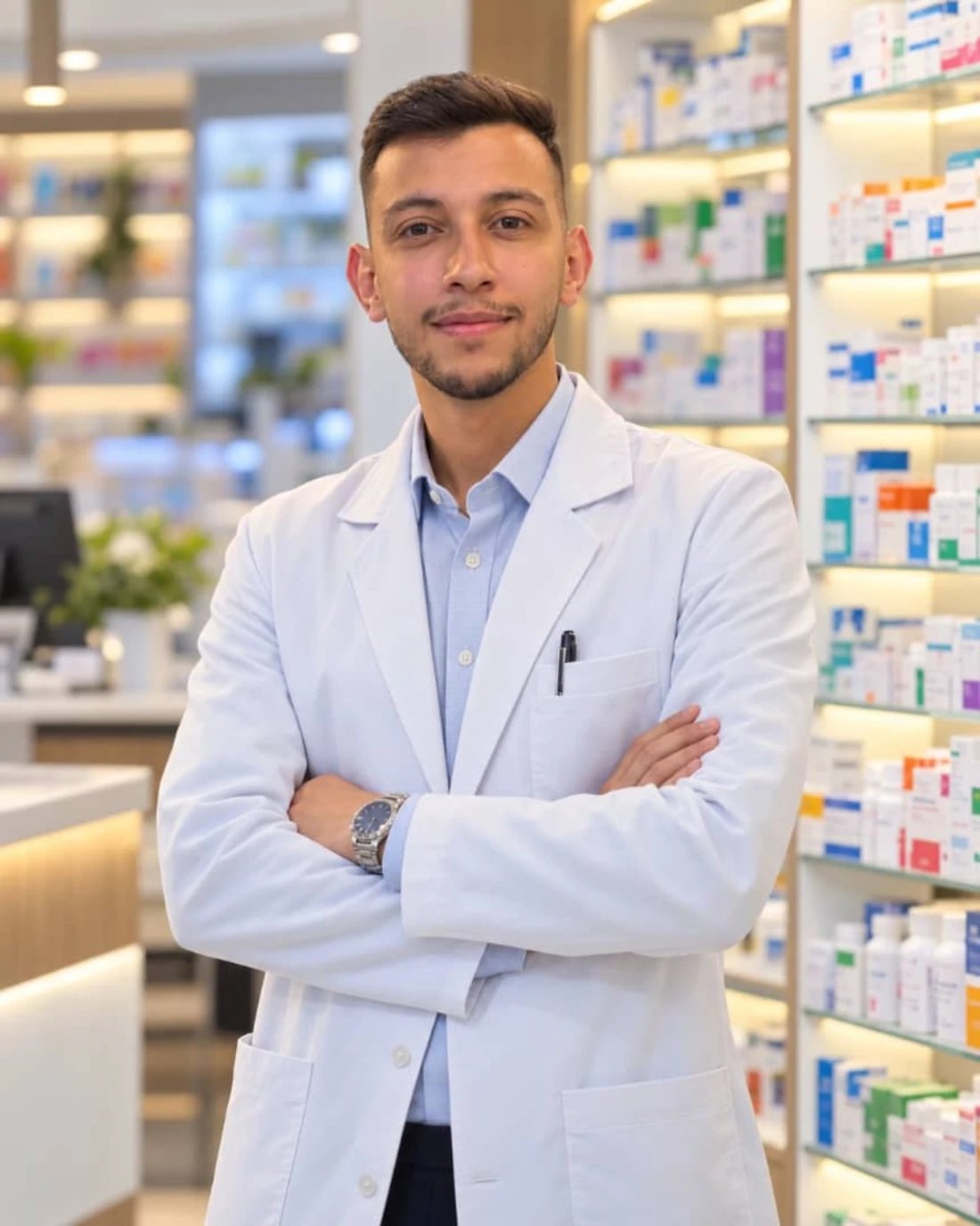الصيدلاني عمار بني المرجة مرتديًا المعطف الأبيض داخل الصيدلية